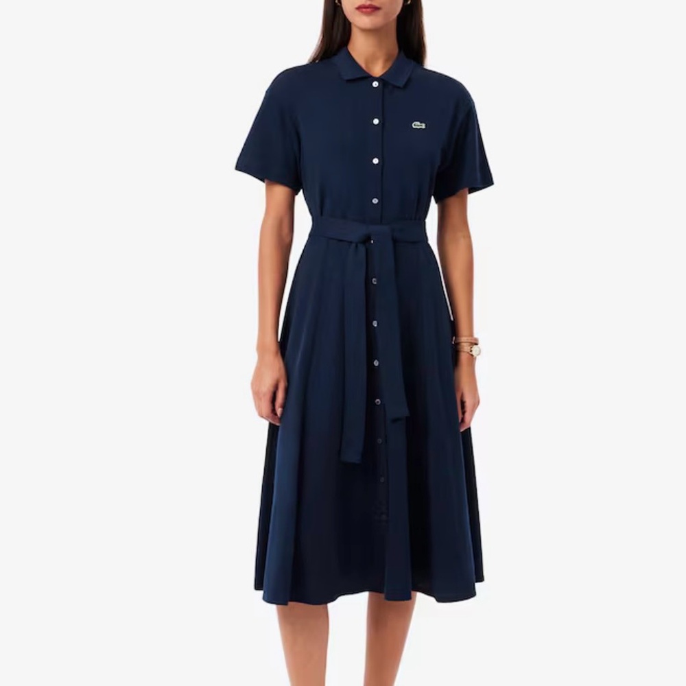 Lacoste Womens Cotton Pique Polo Flare Dress Sz 36 US 4 Blue Short Sleeve - Picture 1 of 10